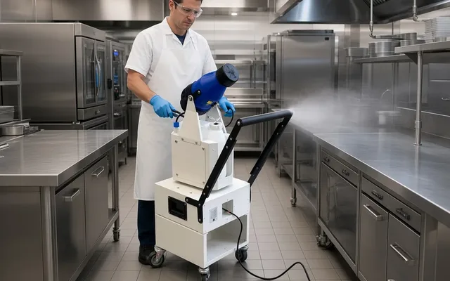 Cleaner with the MicroSafe 360 in a large kitchen