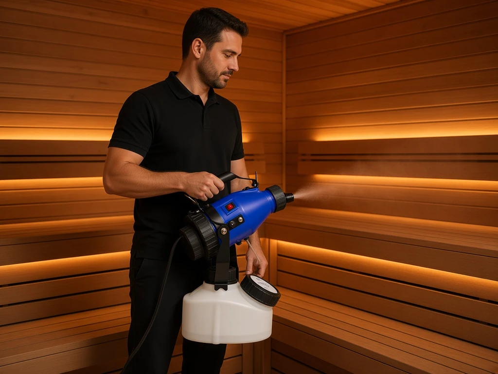 Operator misting timber sauna benches