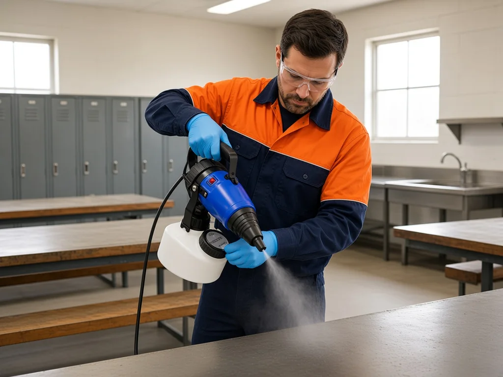 Cleaner using the handheld misting machine in an empty crib room
